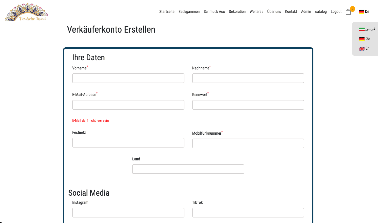 Bild von der Website Persischekunst Verkaufsplatform